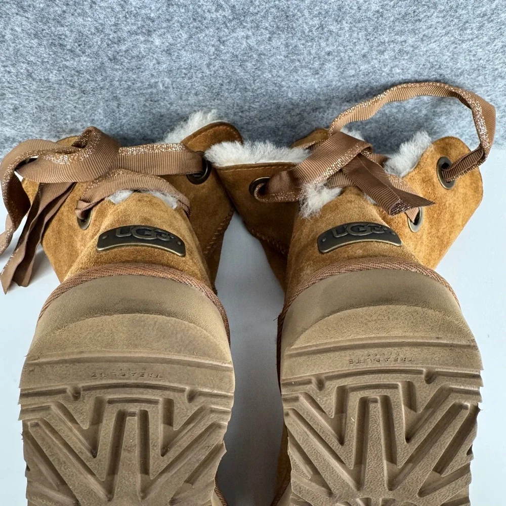 UGG Gita Bow Boot Women 7 Chestnut Suede Sheepskin Lining 1098075
